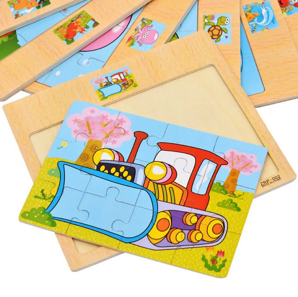 12/9 PCS Wooden Cartoon Vehicle & Animal Puzzles for Kids