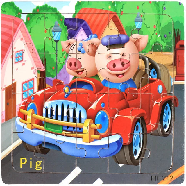 20-Piece Wooden 3D Cartoon Animal & Vehicle Puzzle – Montessori Educational Toy for Kids (1-3 Years)