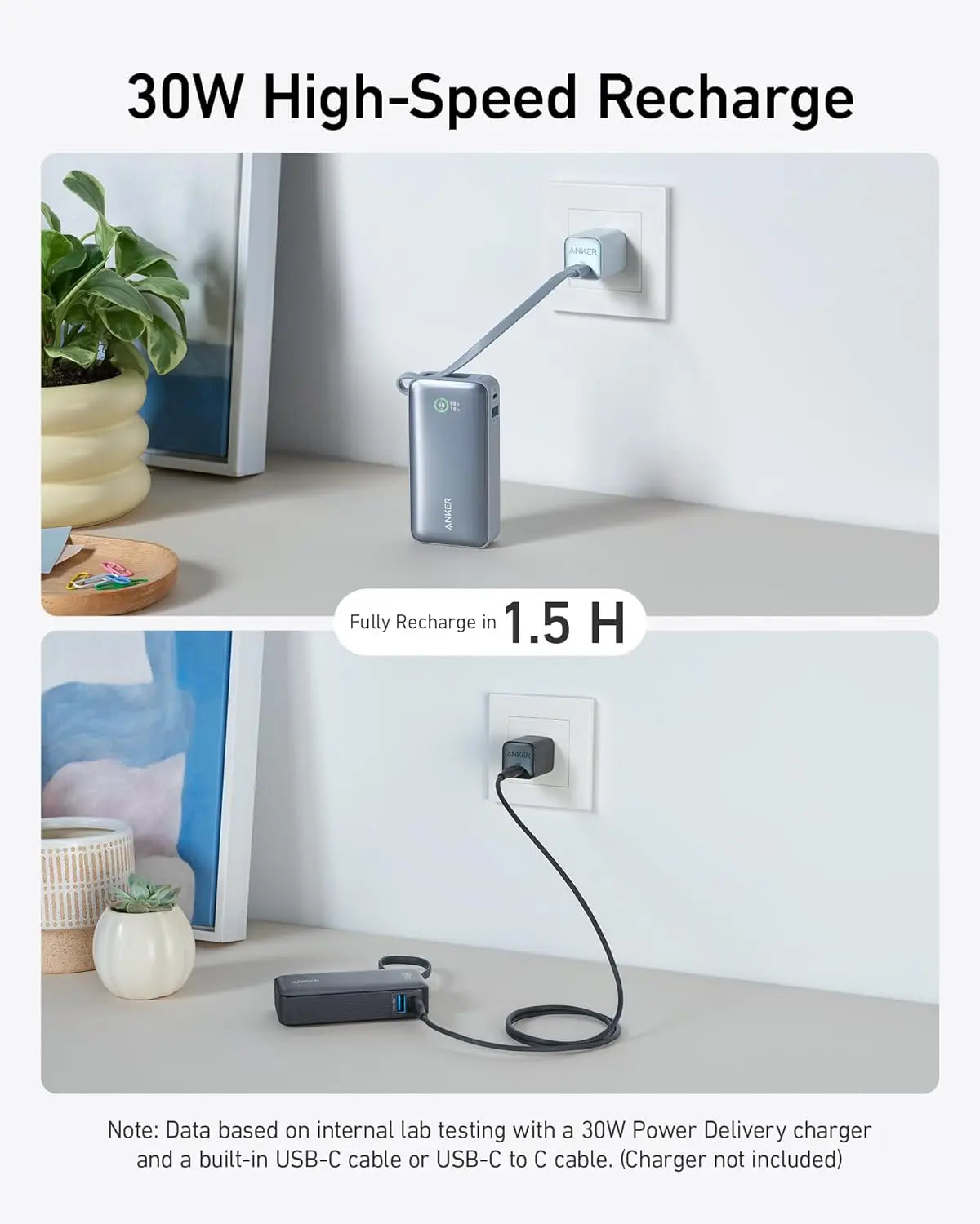 Anker Nano Power Bank 10K: 30W PD fast charger with built-in USB-C cable.