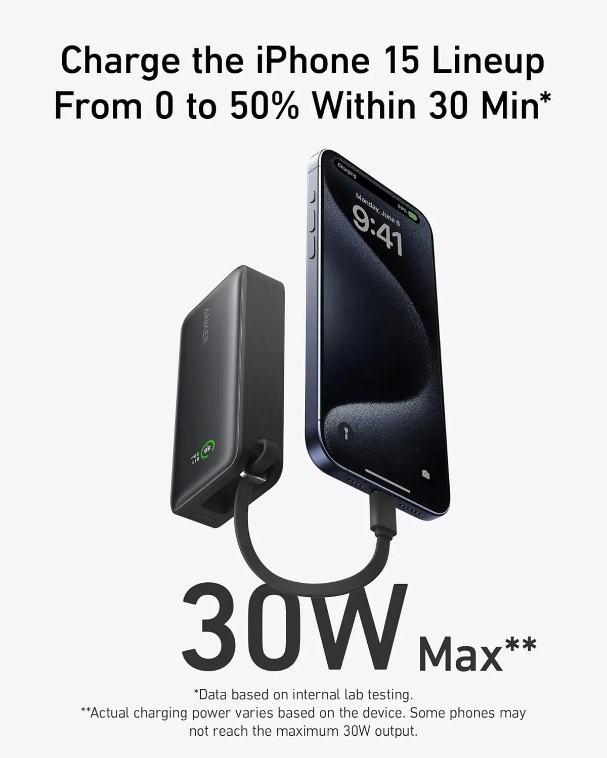 Anker Nano Power Bank 10K: 30W PD fast charger with built-in USB-C cable.