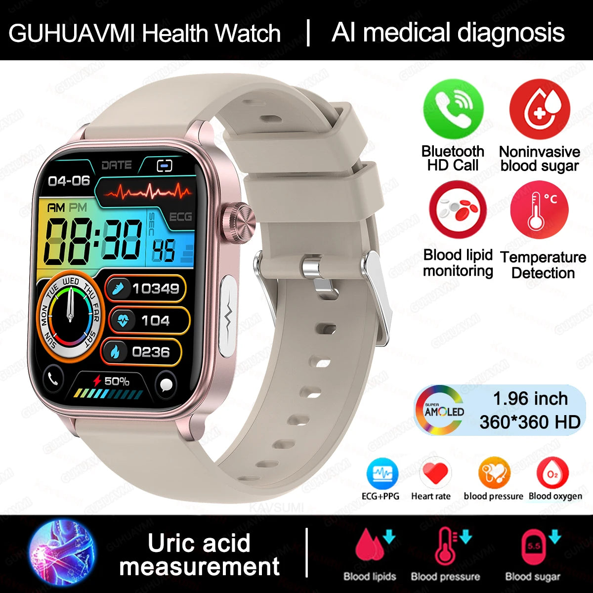 2024 AI Health Smartwatch – ECG+PPG, Blood Glucose, Uric Acid, Lipids, Bluetooth Call