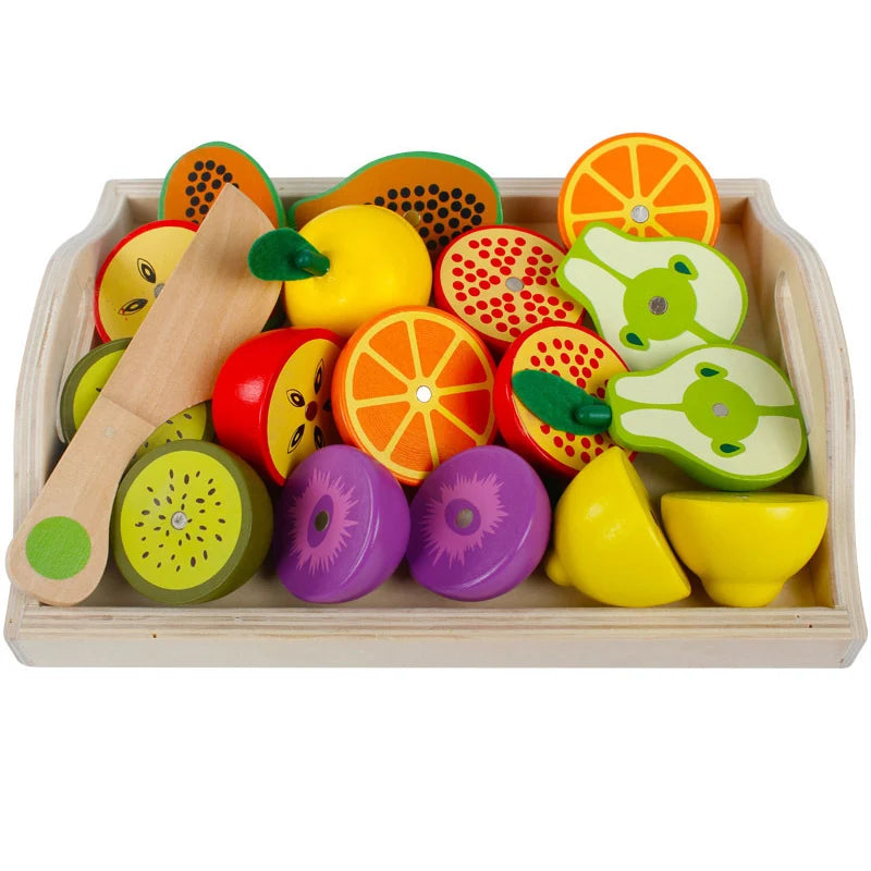 Montessori Wooden Kitchen Toys - Pretend Play Cut Fruits & Vegetables for Kids