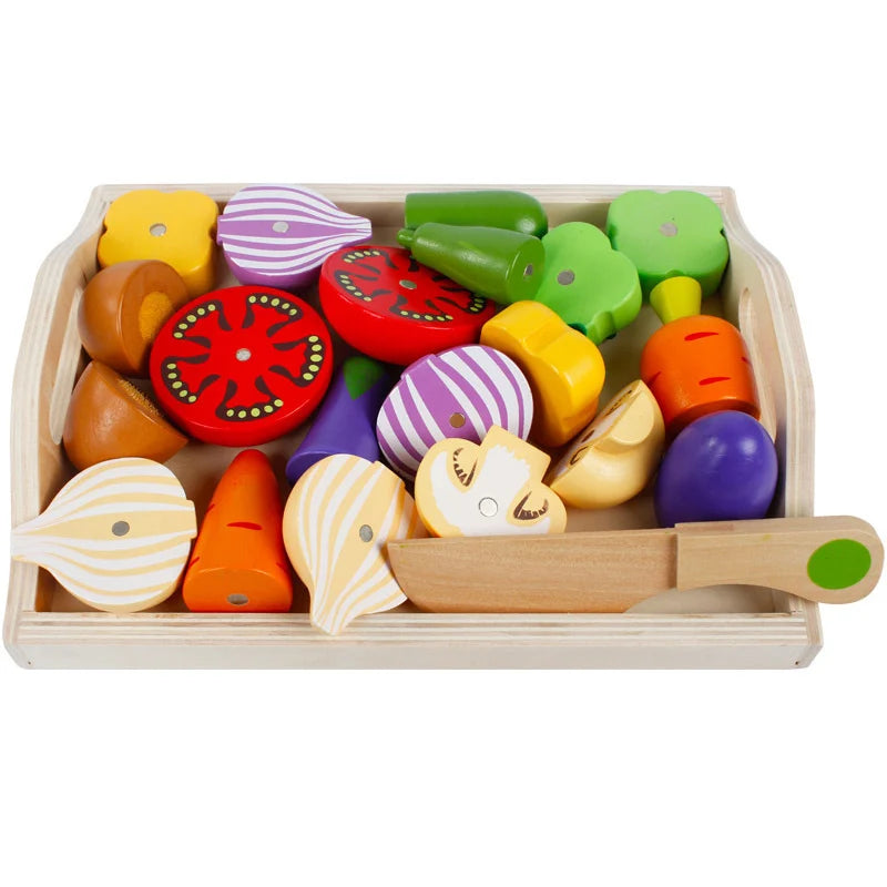 Montessori Wooden Kitchen Toys - Pretend Play Cut Fruits & Vegetables for Kids