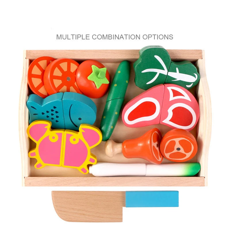Montessori Wooden Kitchen Toys - Pretend Play Cut Fruits & Vegetables for Kids