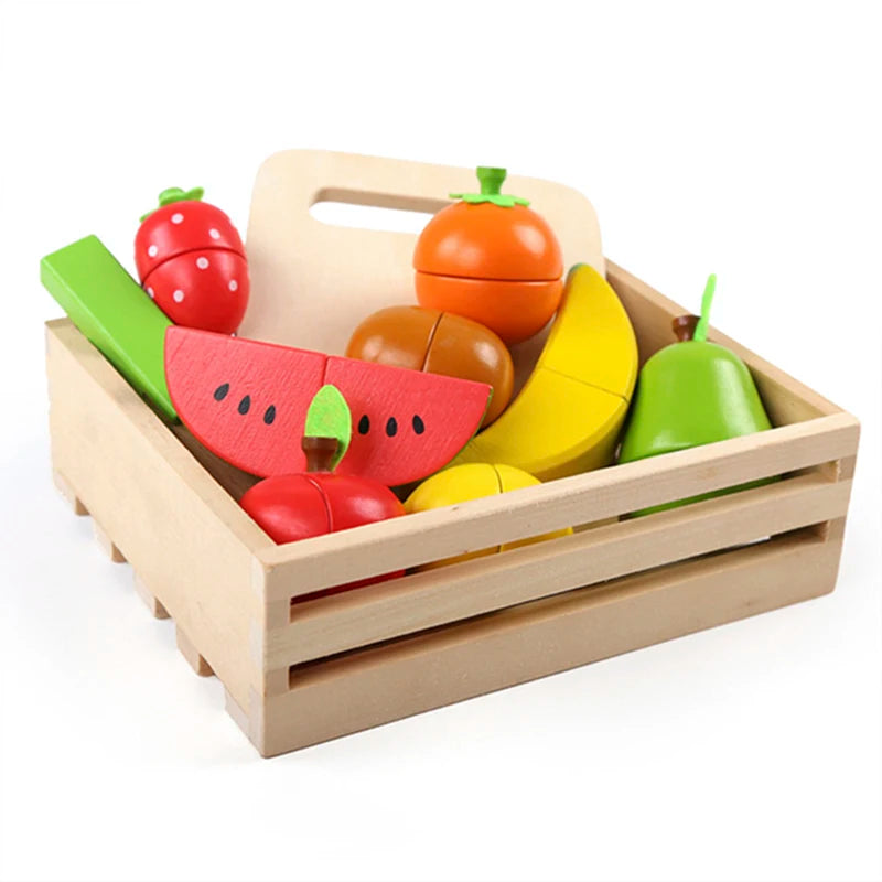 Montessori Wooden Kitchen Toys - Pretend Play Cut Fruits & Vegetables for Kids