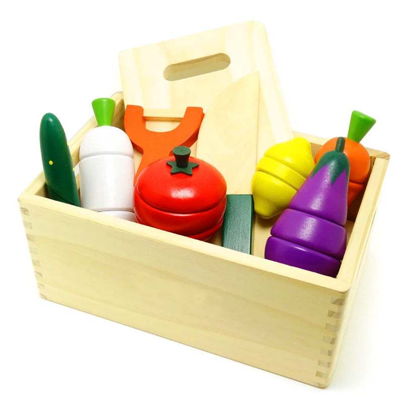 Montessori Wooden Kitchen Toys - Pretend Play Cut Fruits & Vegetables for Kids