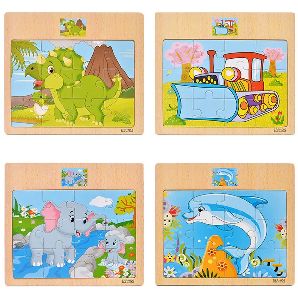 12/9 PCS Wooden Cartoon Vehicle & Animal Puzzles for Kids