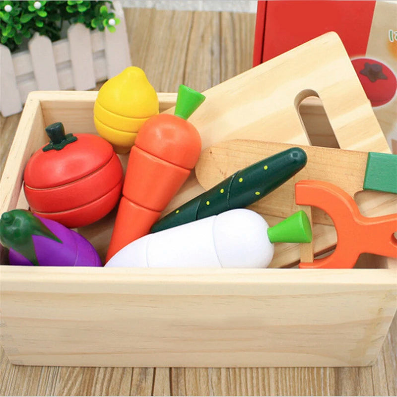Montessori Wooden Kitchen Toys - Pretend Play Cut Fruits & Vegetables for Kids