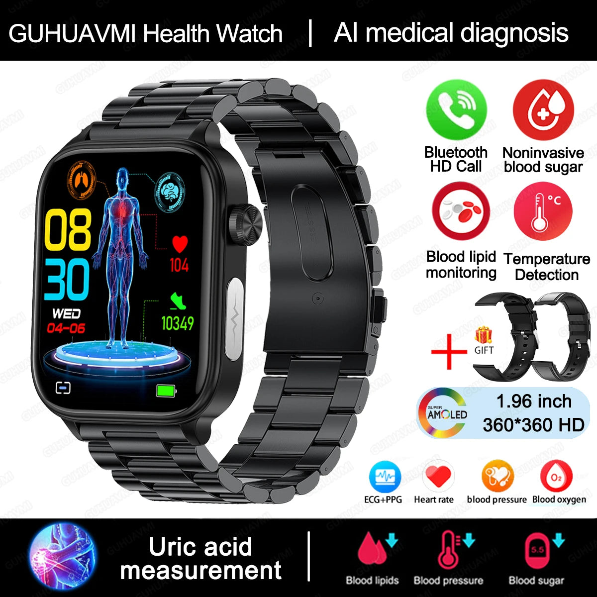2024 AI Health Smartwatch – ECG+PPG, Blood Glucose, Uric Acid, Lipids, Bluetooth Call