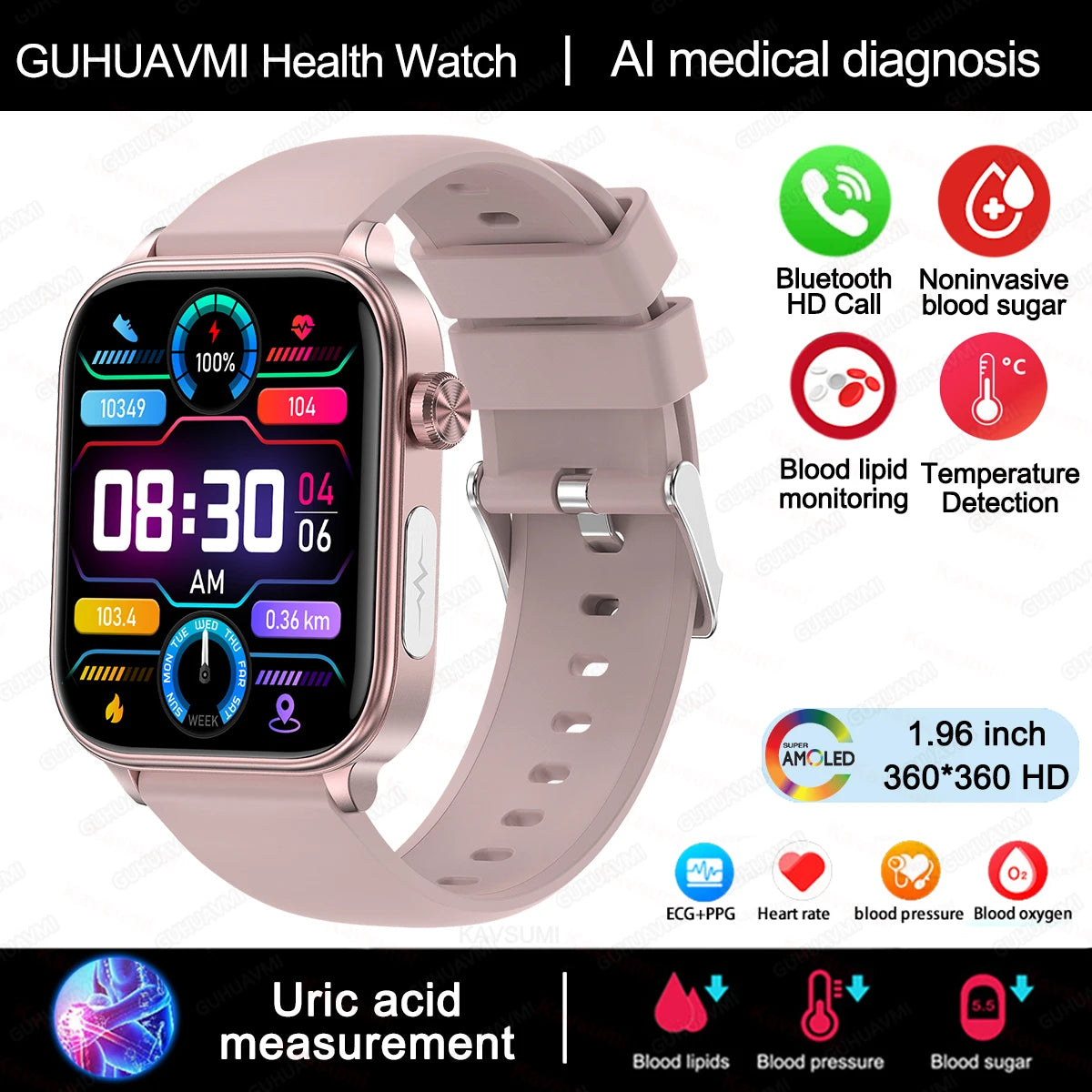 2024 AI Health Smartwatch – ECG+PPG, Blood Glucose, Uric Acid, Lipids, Bluetooth Call