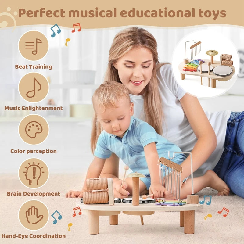 Wooden Montessori Educational Toys: Xylophone, Aeolian Bells, and Music Table for Newborns - Birthday Gifts