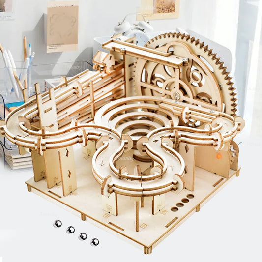 3D Wooden Puzzle DIY Mechanical Model Marble Run Set with 4 Balls - Building Kit for Adults & Kids