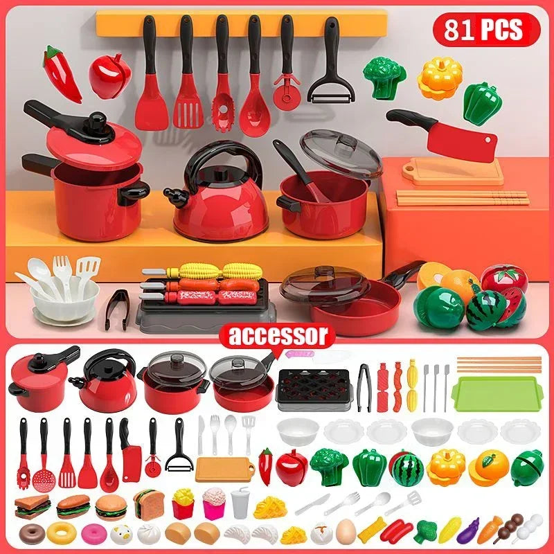 Kids Pretend Play Red Kitchen Toys - Simulation Food Cooking for Boys & Girls