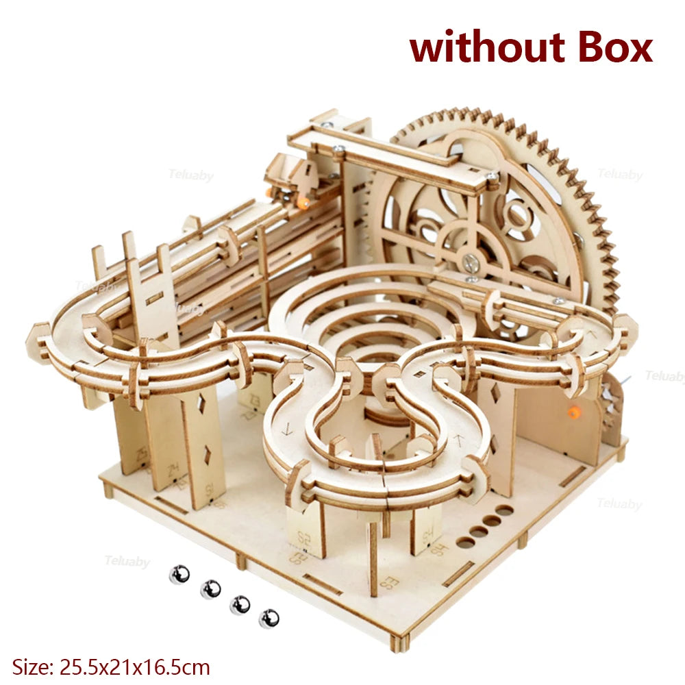 3D Wooden Puzzle DIY Mechanical Model Marble Run Set with 4 Balls - Building Kit for Adults & Kids