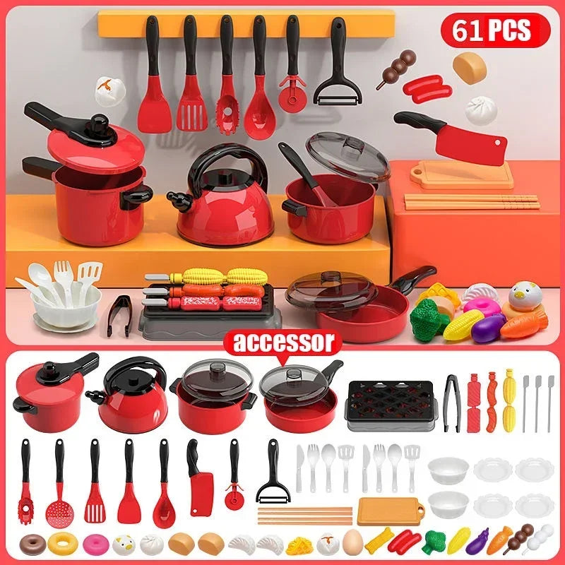 Kids Pretend Play Red Kitchen Toys - Simulation Food Cooking for Boys & Girls