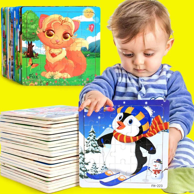 20-Piece Wooden 3D Cartoon Animal & Vehicle Puzzle – Montessori Educational Toy for Kids (1-3 Years)