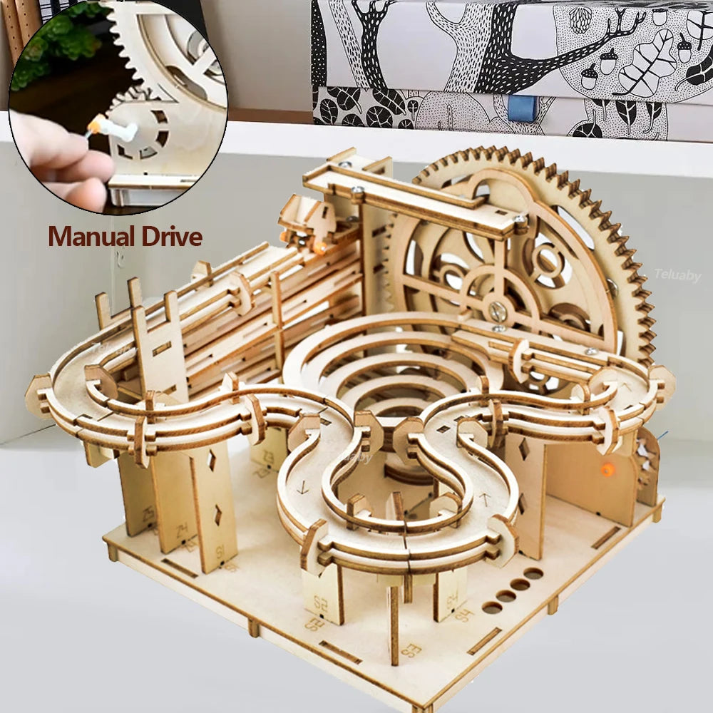 3D Wooden Puzzle DIY Mechanical Model Marble Run Set with 4 Balls - Building Kit for Adults & Kids