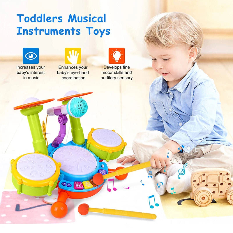 Kids Drum Set for Toddlers 1-3 - Educational Musical Toys with Microphone