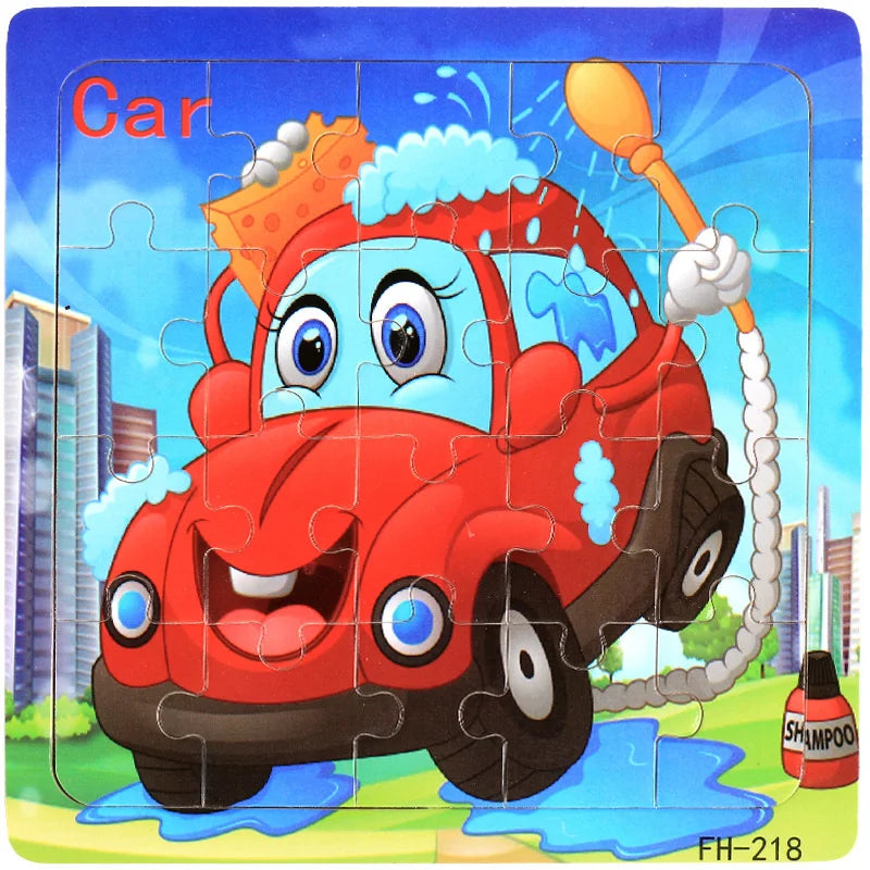 20-Piece Wooden 3D Cartoon Animal & Vehicle Puzzle – Montessori Educational Toy for Kids (1-3 Years)