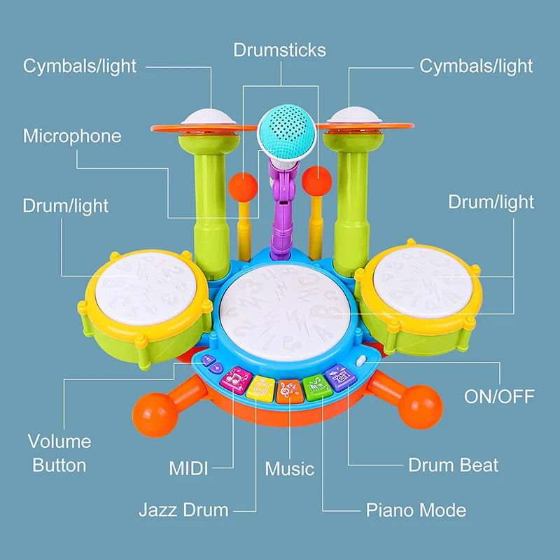Kids Drum Set for Toddlers 1-3 - Educational Musical Toys with Microphone