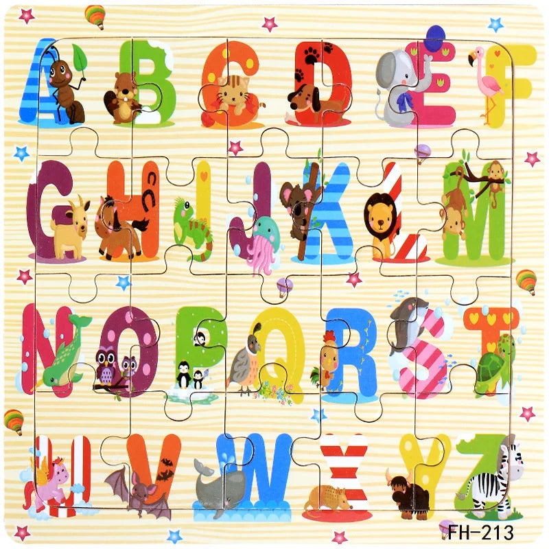 20-Piece Wooden 3D Cartoon Animal & Vehicle Puzzle – Montessori Educational Toy for Kids (1-3 Years)