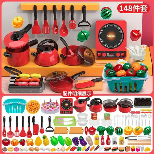 Kids Pretend Play Red Kitchen Toys - Simulation Food Cooking for Boys & Girls