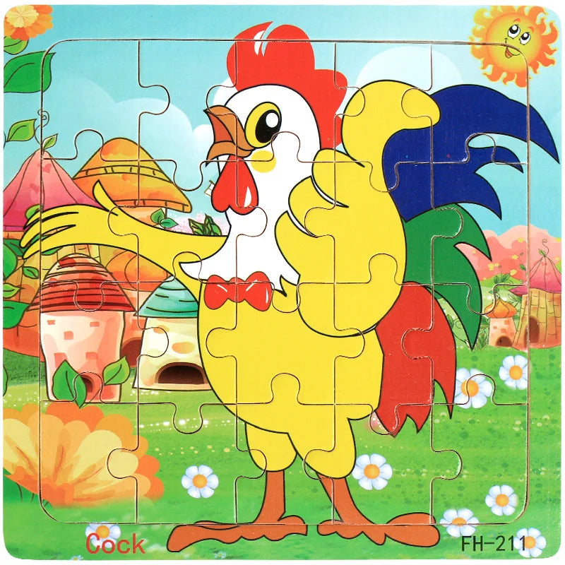 20-Piece Wooden 3D Cartoon Animal & Vehicle Puzzle – Montessori Educational Toy for Kids (1-3 Years)