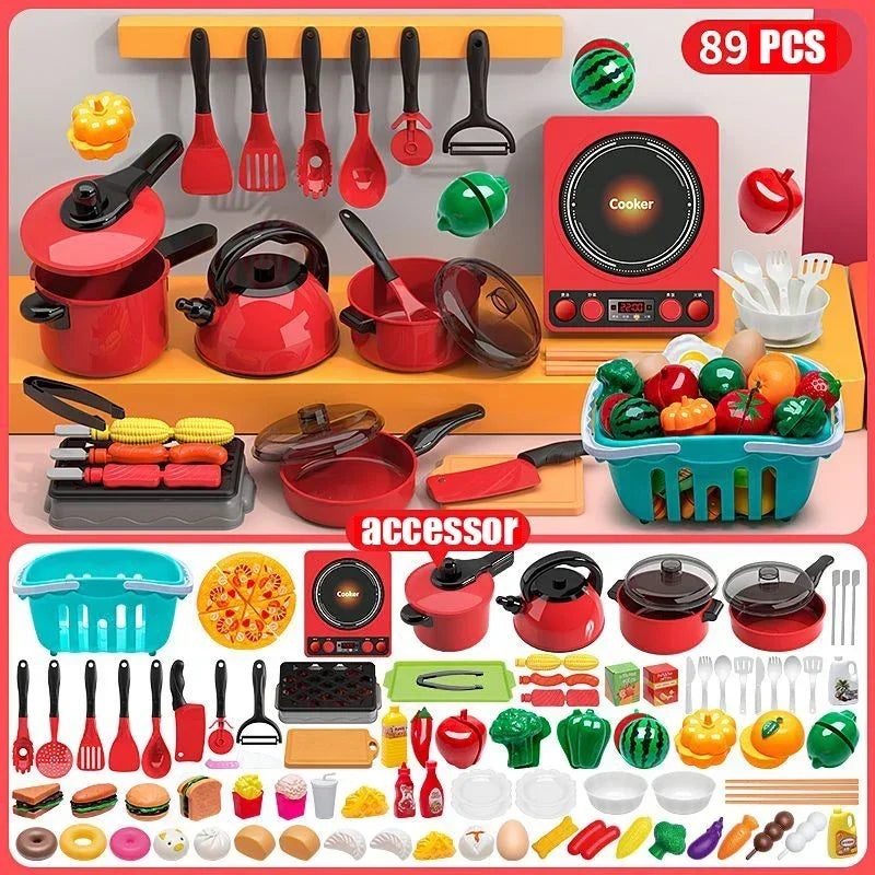 Kids Pretend Play Red Kitchen Toys - Simulation Food Cooking for Boys & Girls