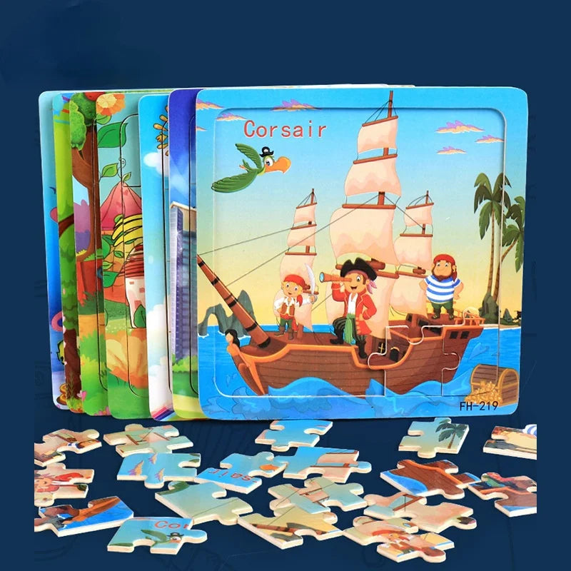 20-Piece Wooden 3D Cartoon Animal & Vehicle Puzzle – Montessori Educational Toy for Kids (1-3 Years)