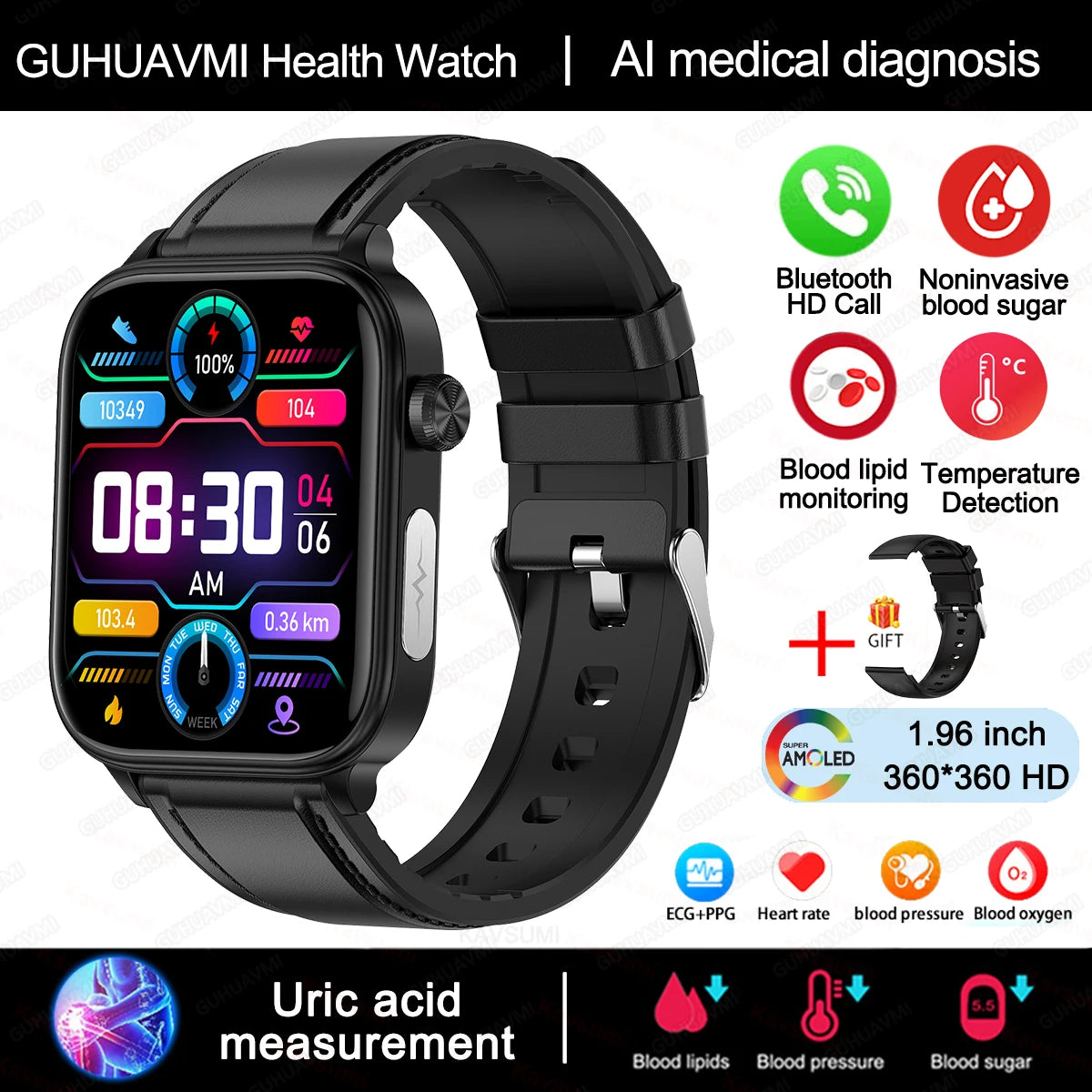 2024 AI Health Smartwatch – ECG+PPG, Blood Glucose, Uric Acid, Lipids, Bluetooth Call