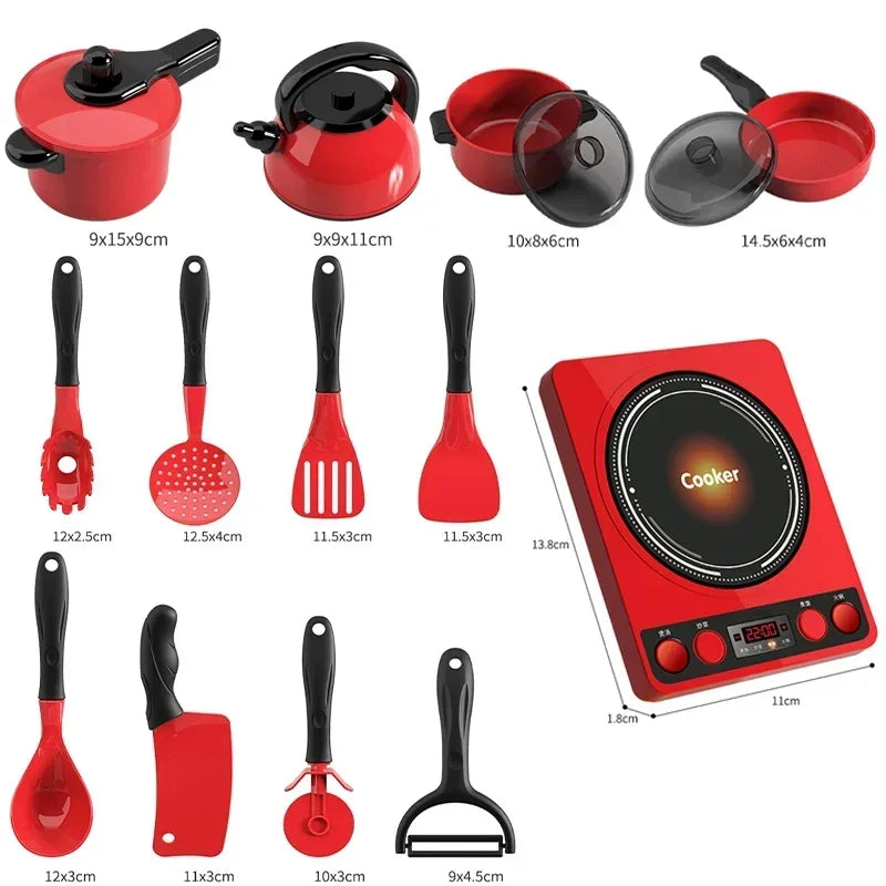 Kids Pretend Play Red Kitchen Toys - Simulation Food Cooking for Boys & Girls