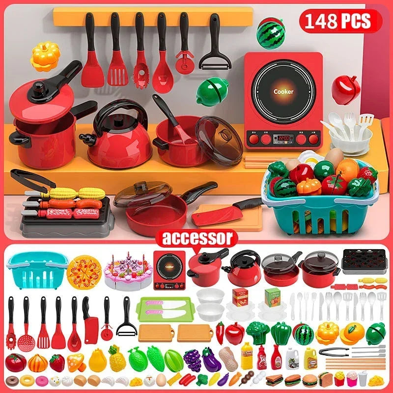 Kids Pretend Play Red Kitchen Toys - Simulation Food Cooking for Boys & Girls