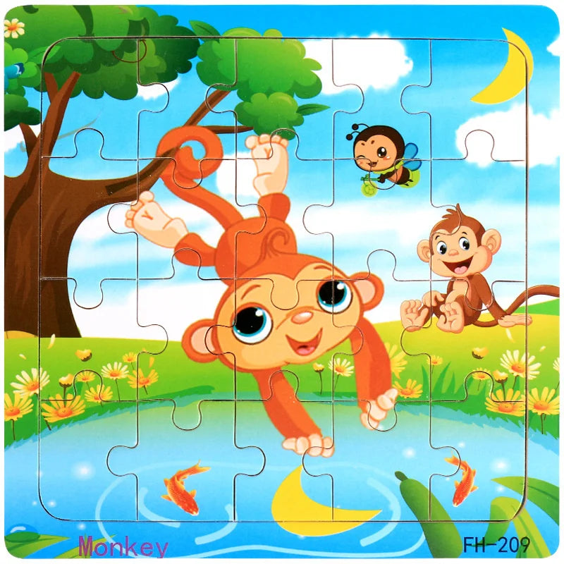 20-Piece Wooden 3D Cartoon Animal & Vehicle Puzzle – Montessori Educational Toy for Kids (1-3 Years)