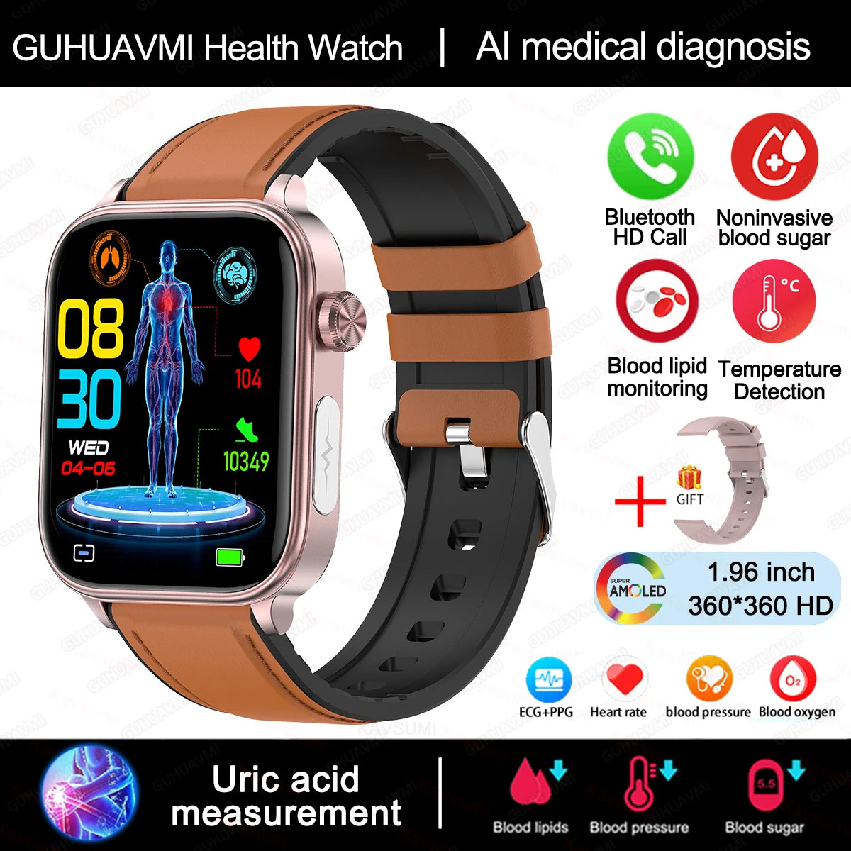2024 AI Health Smartwatch – ECG+PPG, Blood Glucose, Uric Acid, Lipids, Bluetooth Call