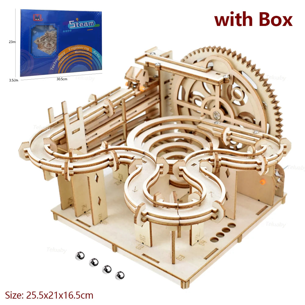 3D Wooden Puzzle DIY Mechanical Model Marble Run Set with 4 Balls - Building Kit for Adults & Kids