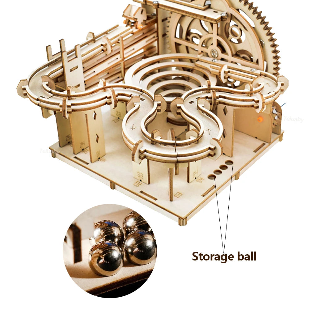 3D Wooden Puzzle DIY Mechanical Model Marble Run Set with 4 Balls - Building Kit for Adults & Kids
