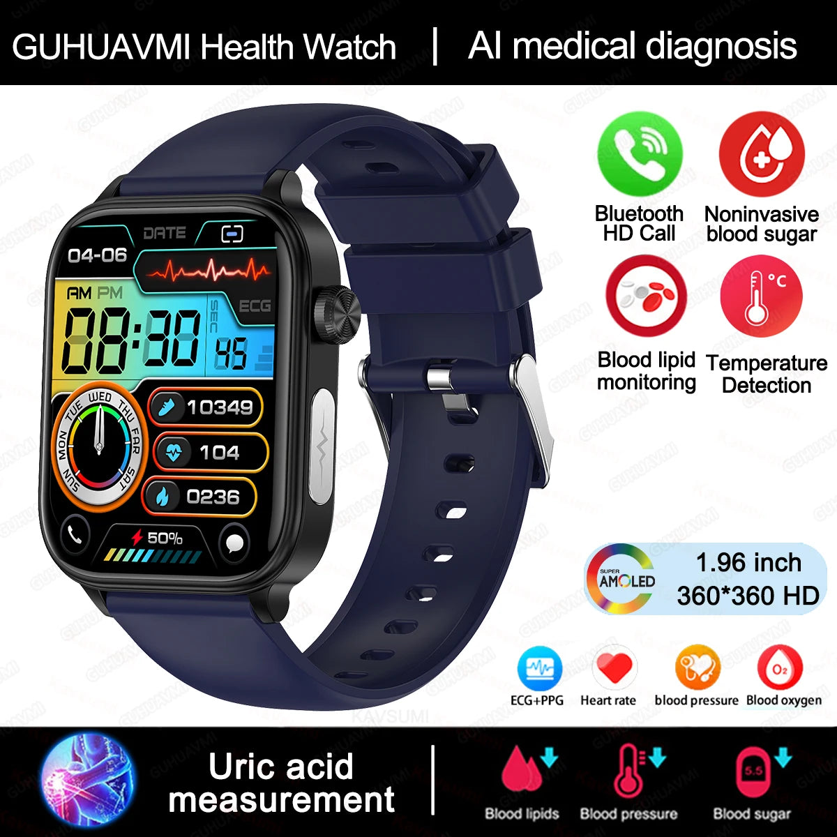 2024 AI Health Smartwatch – ECG+PPG, Blood Glucose, Uric Acid, Lipids, Bluetooth Call