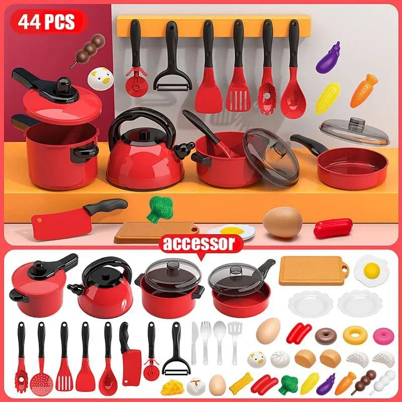 Kids Pretend Play Red Kitchen Toys - Simulation Food Cooking for Boys & Girls