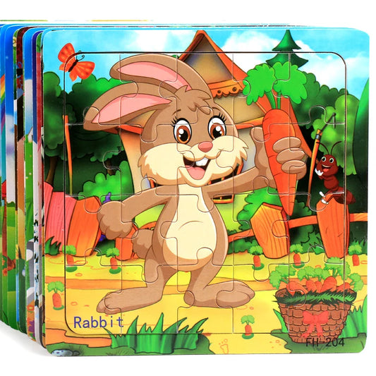 20-Piece Wooden 3D Cartoon Animal & Vehicle Puzzle – Montessori Educational Toy for Kids (1-3 Years)