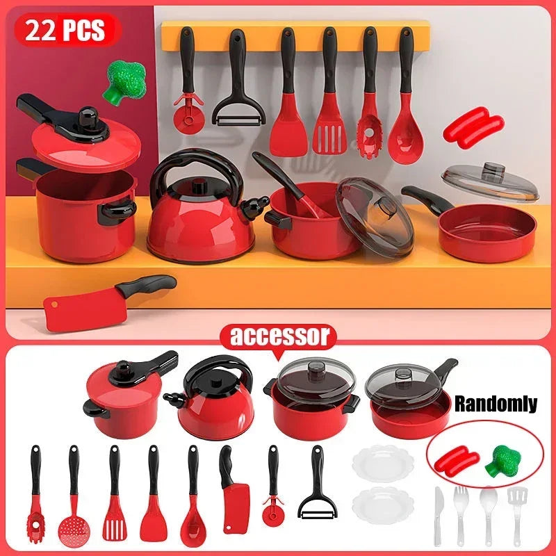 Kids Pretend Play Red Kitchen Toys - Simulation Food Cooking for Boys & Girls