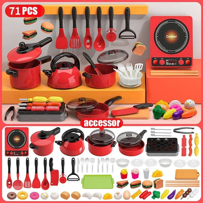 Kids Pretend Play Red Kitchen Toys - Simulation Food Cooking for Boys & Girls