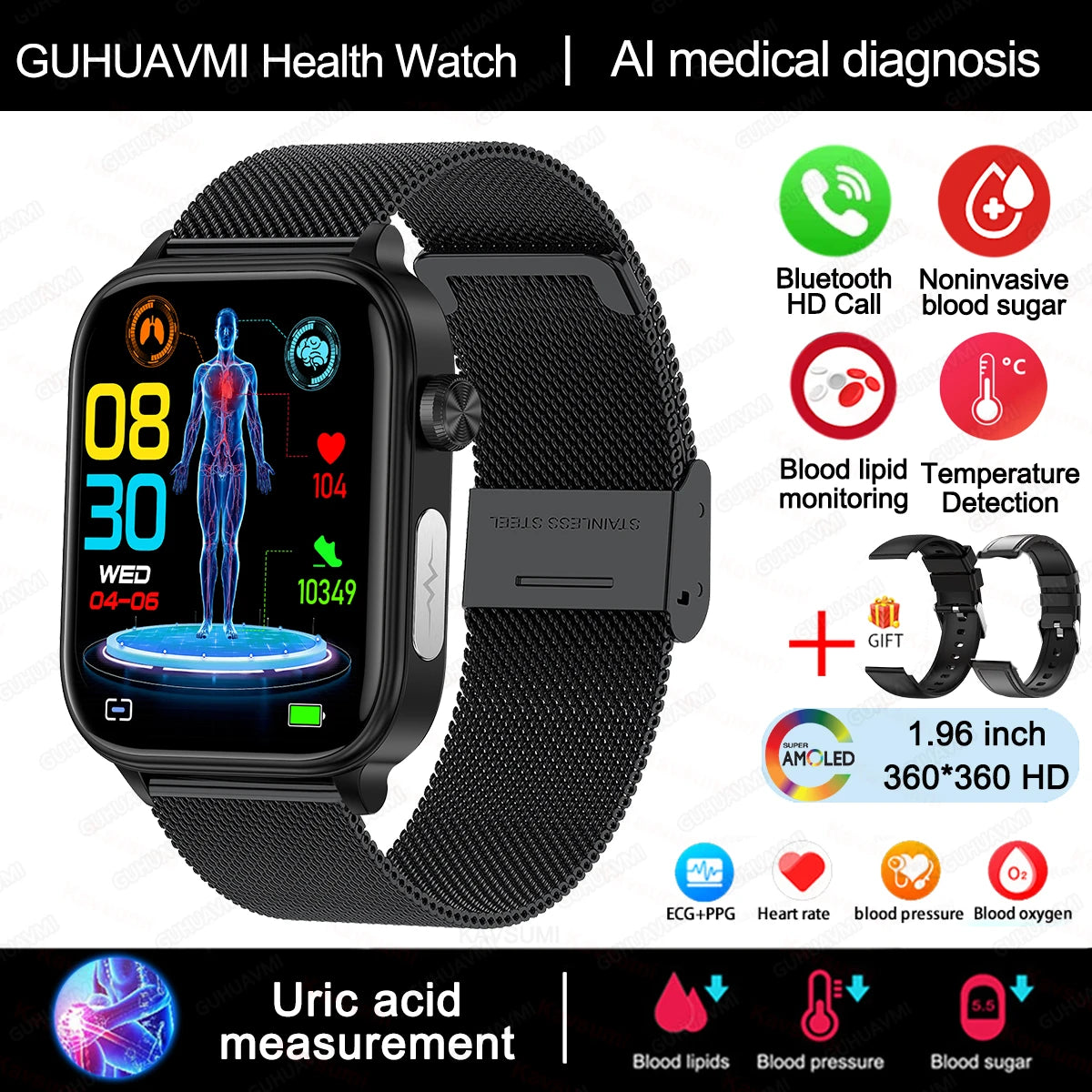 2024 AI Health Smartwatch – ECG+PPG, Blood Glucose, Uric Acid, Lipids, Bluetooth Call