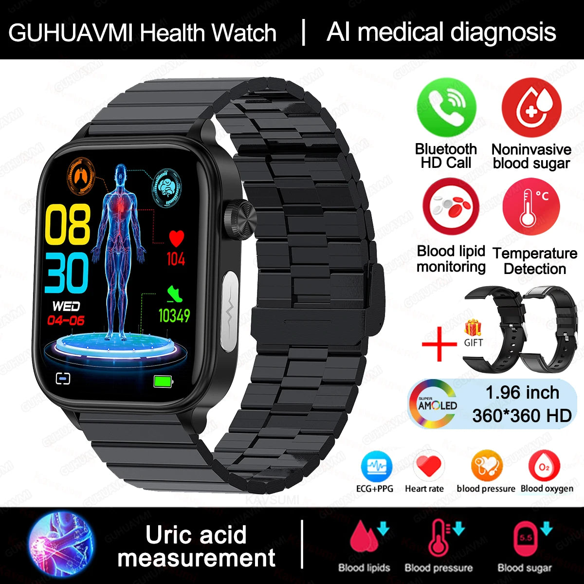 2024 AI Health Smartwatch – ECG+PPG, Blood Glucose, Uric Acid, Lipids, Bluetooth Call