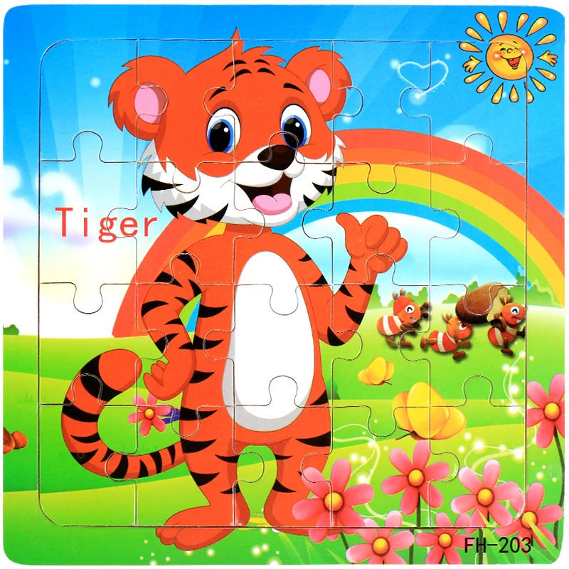 20-Piece Wooden 3D Cartoon Animal & Vehicle Puzzle – Montessori Educational Toy for Kids (1-3 Years)