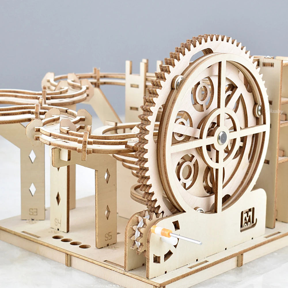 3D Wooden Puzzle DIY Mechanical Model Marble Run Set with 4 Balls - Building Kit for Adults & Kids
