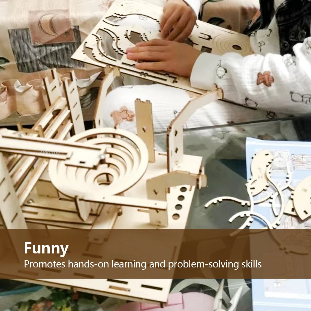 3D Wooden Puzzle DIY Mechanical Model Marble Run Set with 4 Balls - Building Kit for Adults & Kids