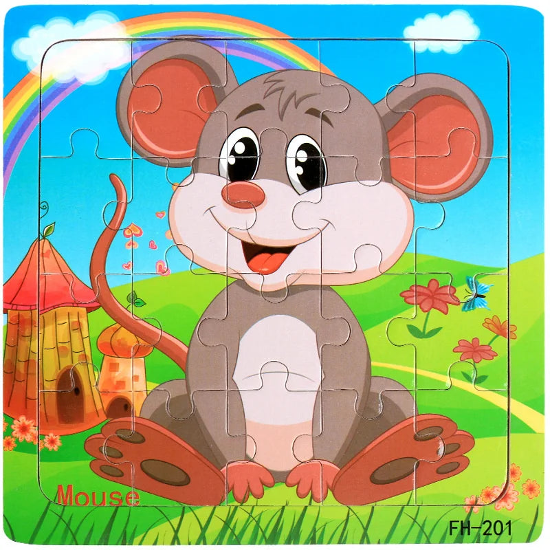 20-Piece Wooden 3D Cartoon Animal & Vehicle Puzzle – Montessori Educational Toy for Kids (1-3 Years)