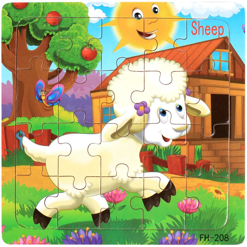 20-Piece Wooden 3D Cartoon Animal & Vehicle Puzzle – Montessori Educational Toy for Kids (1-3 Years)