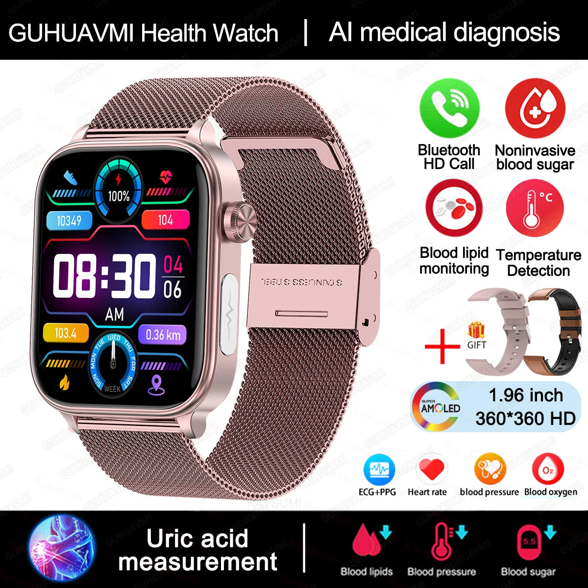 2024 AI Health Smartwatch – ECG+PPG, Blood Glucose, Uric Acid, Lipids, Bluetooth Call