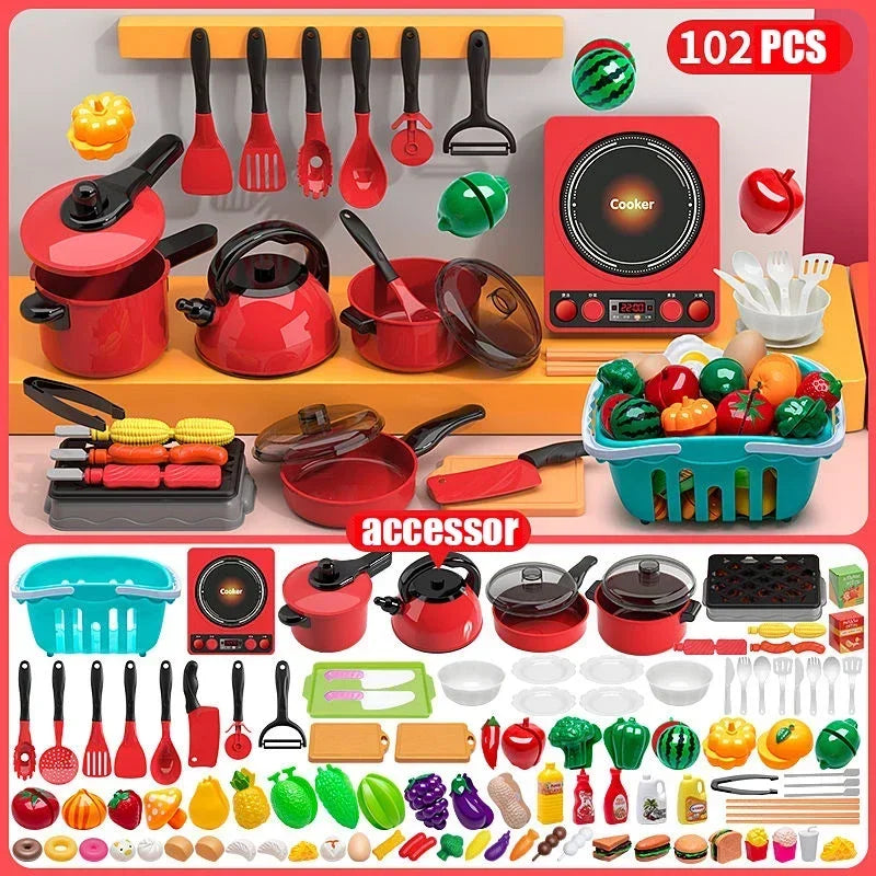 Kids Pretend Play Red Kitchen Toys - Simulation Food Cooking for Boys & Girls